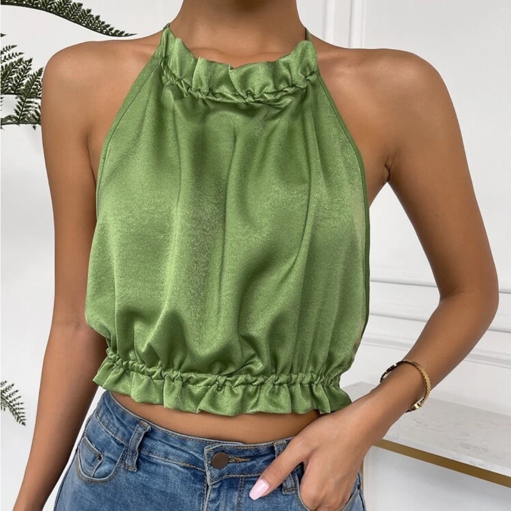 Ruffle Satin Open Back Toe Halter Top - Picture 13 of 14